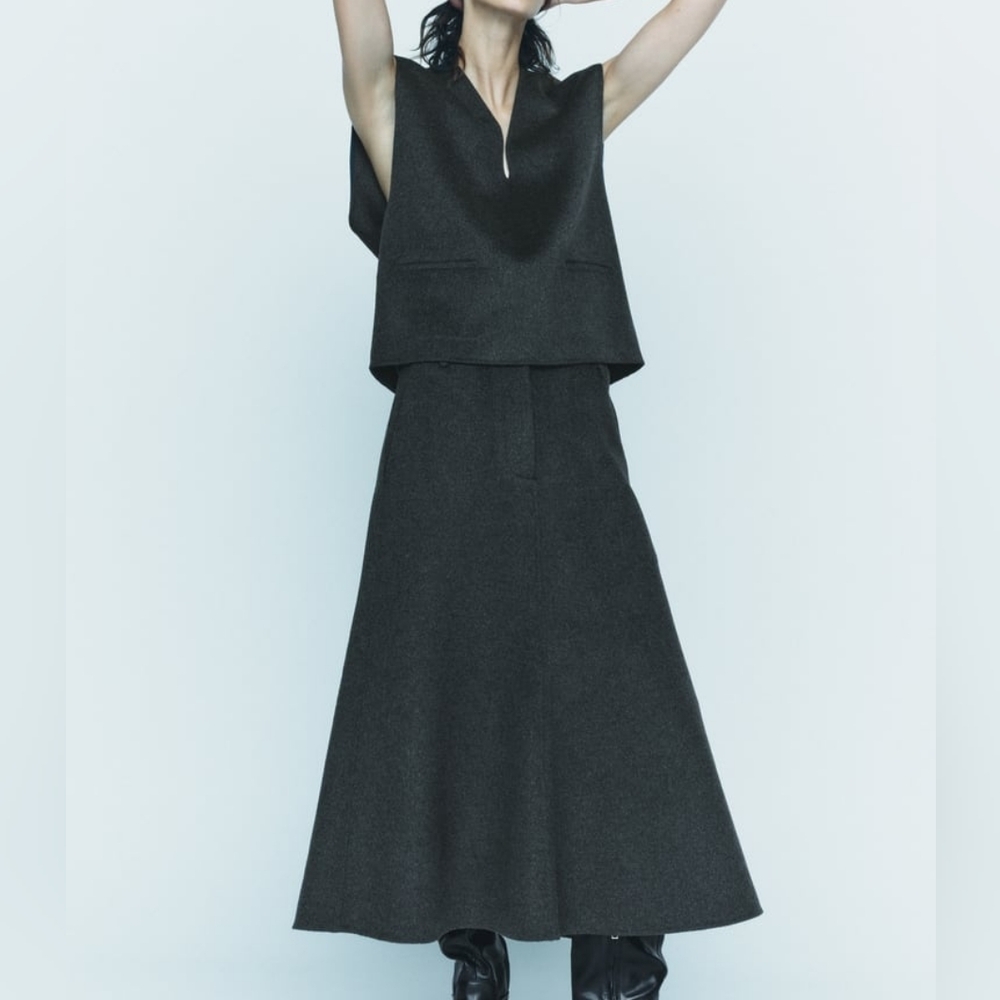 Zara Collection co-ord set vest & Wool-blend cape/A-line midi skirt SZ M BNWT